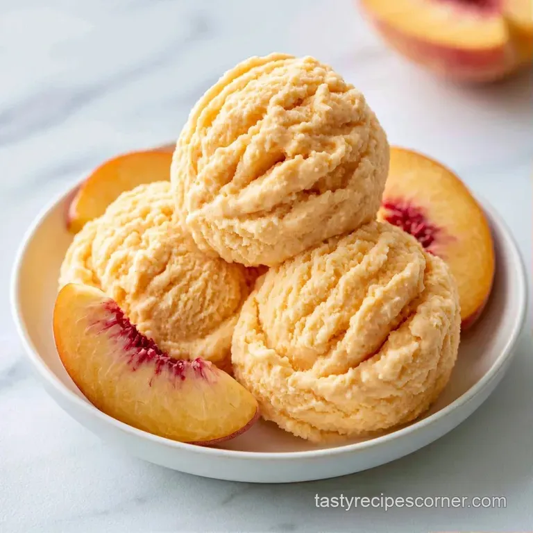 Elegant scoops of pale orange frozen cream on a marble slab, garnished with sliced peaches and a silver spoon.