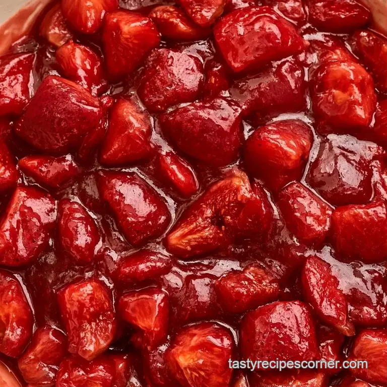 A dollop of glossy deep-red jam on a toasted baguette slice beside a small bowl of fresh berries and mint leaves.