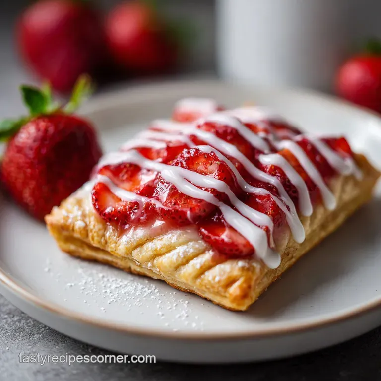 A single strawberry pop tart on a white plate, glistening pink icing, colorful sprinkles. Invitation to a sweet, nostalgic...