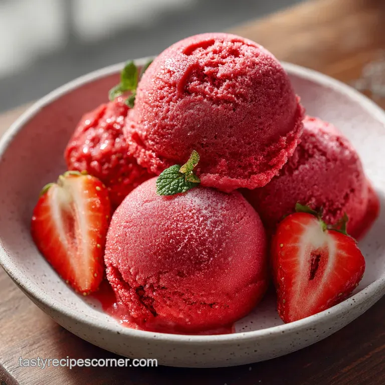 Three smooth scoops of bright red frozen dessert on a white plate, garnished with mint and a fresh strawberry.