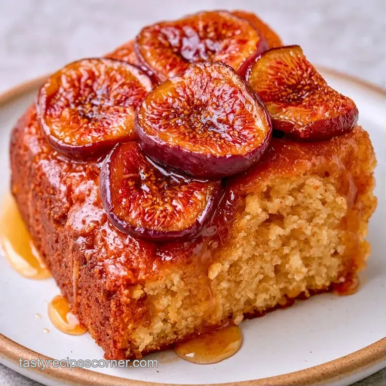 A slice of moist, nutty cake on a white ceramic plate, garnished with a dollop of cream and a fresh fig wedge.