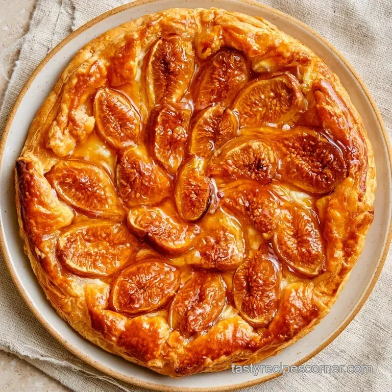 A slice of creamy cheese tart on a white ceramic plate, garnished with a sprig of thyme and a swirl of golden honey.