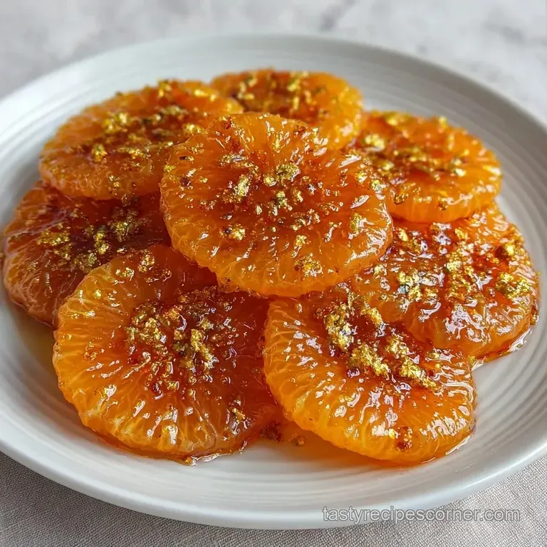 Vibrant orange segments with a glossy honey coating arranged neatly on a white plate with a sprig of green mint.