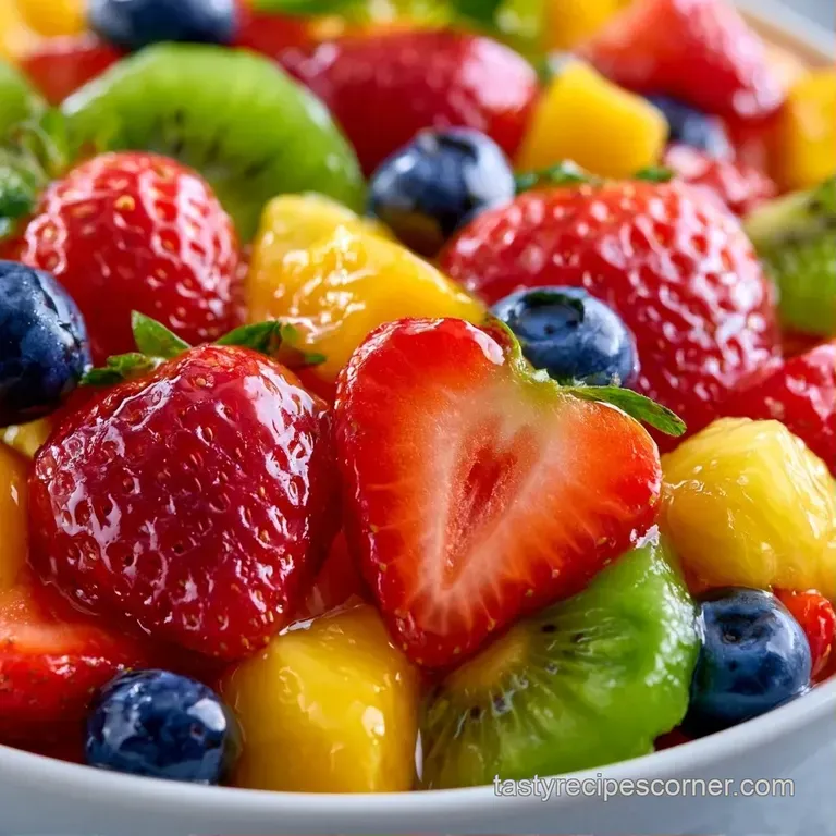 Slices of colorful tropical fruits arranged in a neat circle on a white ceramic platter with a mint leaf garnish.
