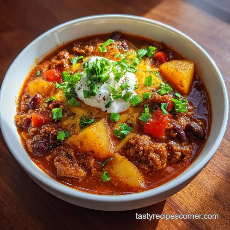 Close-up of a chili dog on a plate; the chili is thick and meaty, glistening with savory juices, topped with mustard and o...
