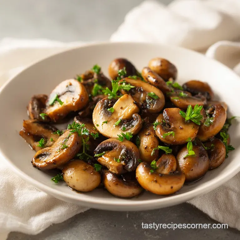 A delicate mound of golden-brown saut&eacute;ed mushrooms, topped with fresh parsley, on a white plate.