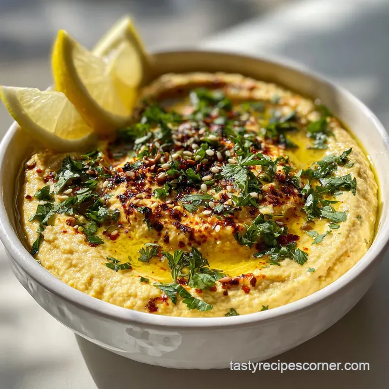 Smooth, golden hummus served with vibrant red peppers and warm pita bread triangles on a white plate.