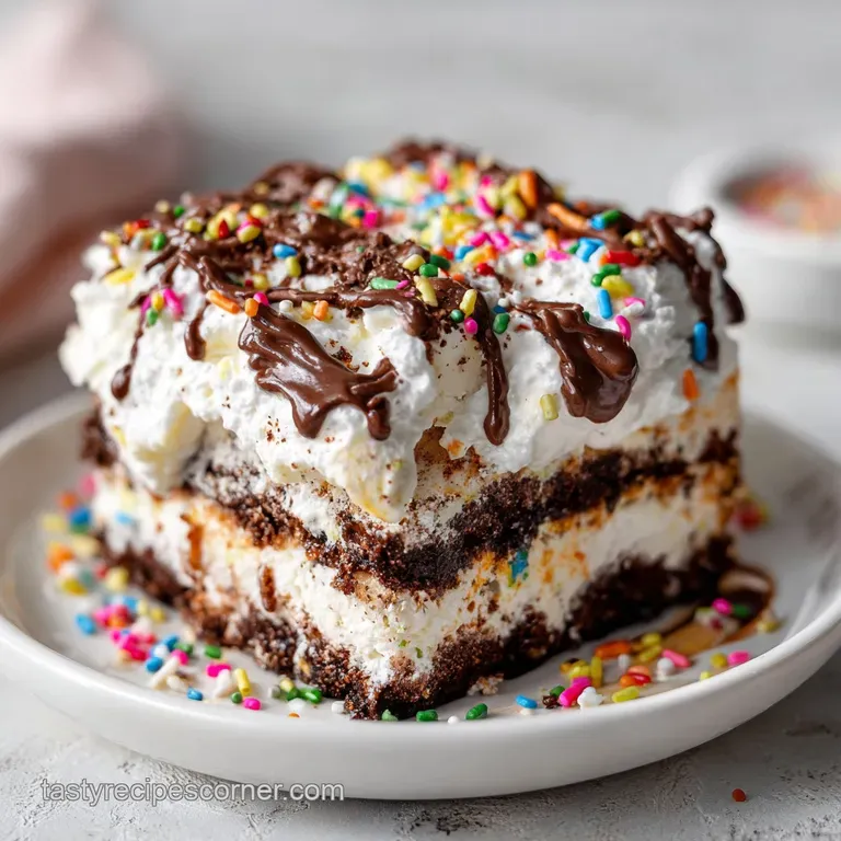 A tall slice of ice cream sandwich cake on a white plate, showing layers of chocolate and vanilla with a creamy texture.