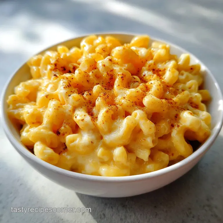 A single, artful serving of rich mac and cheese, garnished with toasted breadcrumbs and fresh parsley. Cheesy, decadent pe...