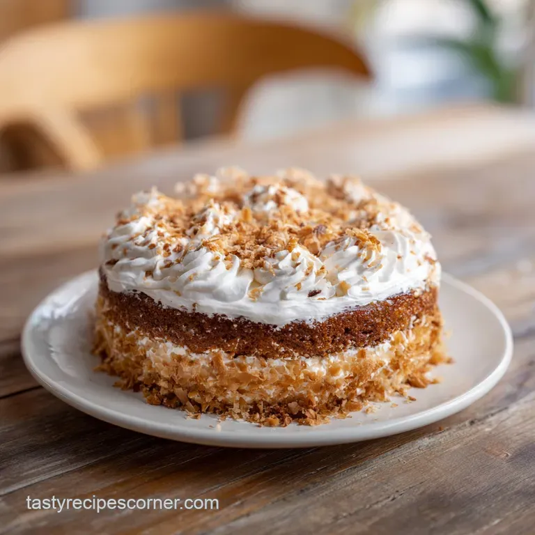 Slice of Italian cream cake on a white plate; the creamy frosting glistening, coconut flakes sprinkled atop, cake layers s...