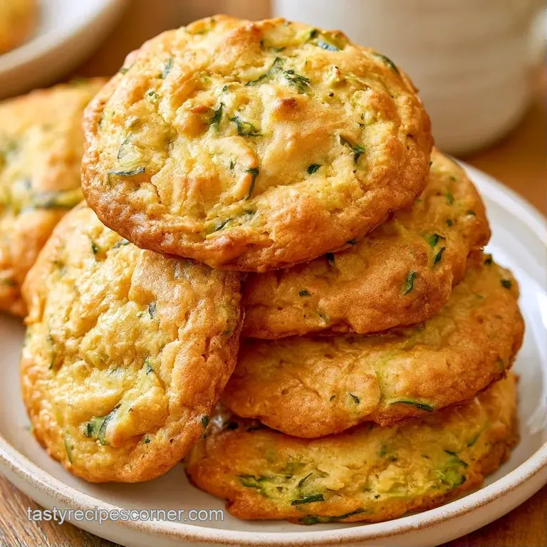 A stack of soft, golden-brown cookies with green zucchini shreds on a white plate with a cream linen napkin.