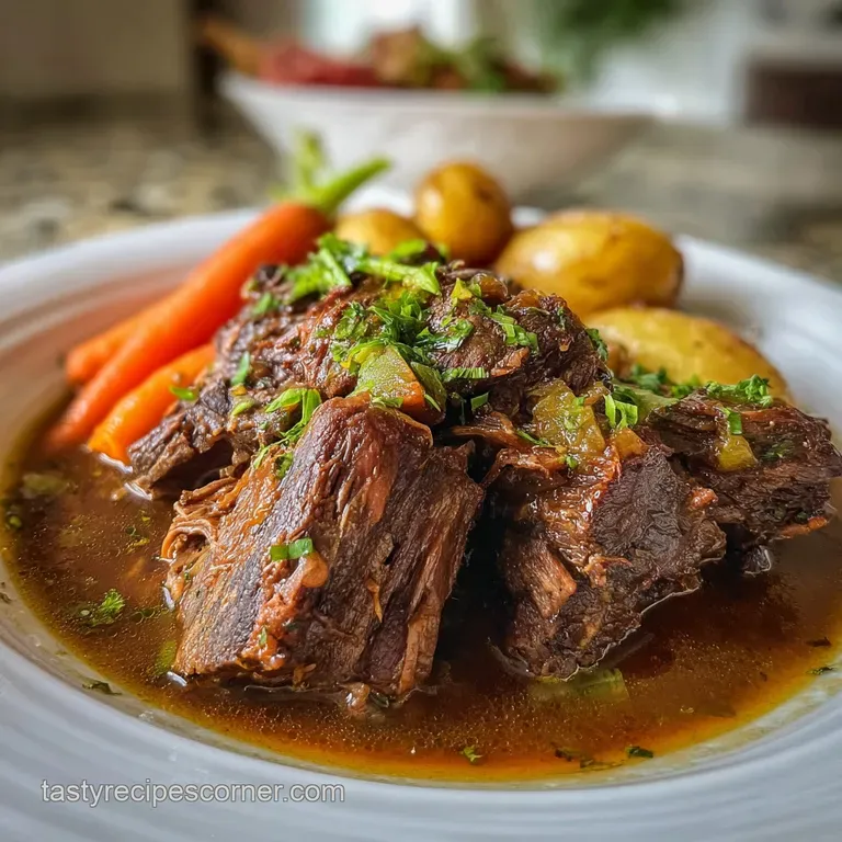 Tender, sliced pot roast with a vibrant medley of vegetables, all glistening with savory sauce on a white plate. Fresh thy...