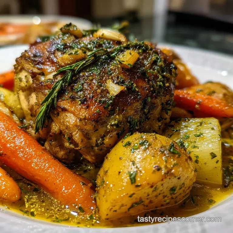 Plated chicken pot roast with tender, shredded chicken, soft potatoes, and bright orange carrots, drizzled with savory sauce.