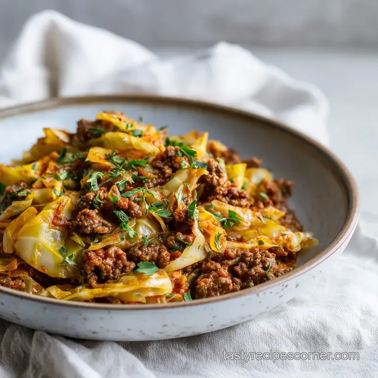 Elegant portion of cabbage rolls nestled on a white plate, garnished with fresh parsley and a drizzle of cream.