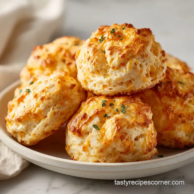 Three fluffy cheddar biscuits with visible cheese flecks, artfully arranged on a white plate.