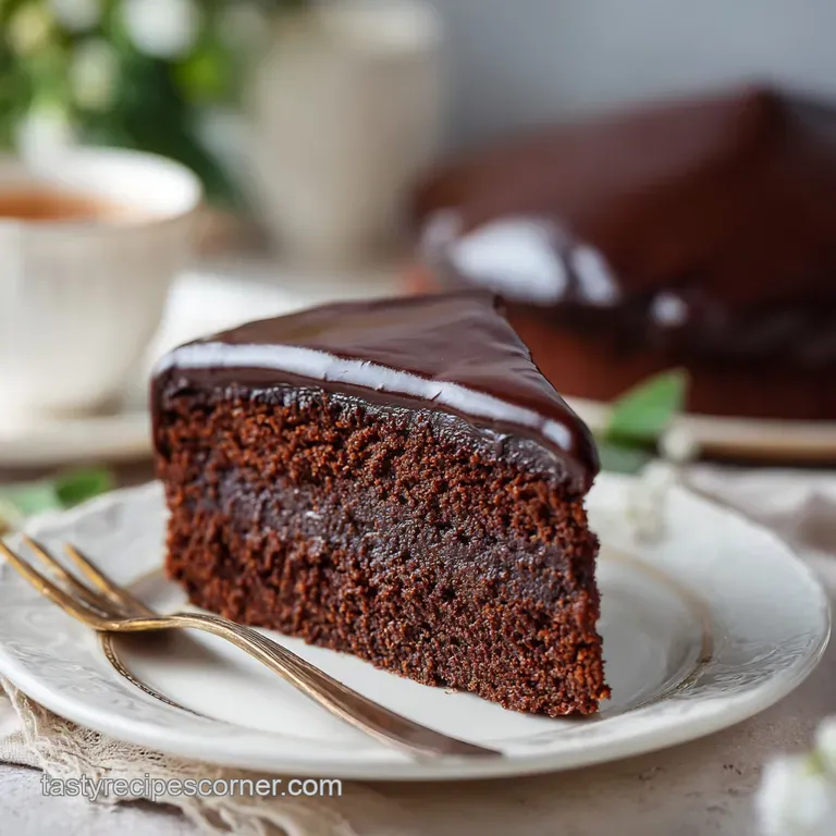 Elegant slice of rich cocoa cake on a ceramic plate, drizzled with glossy syrup and garnished with mint leaves.