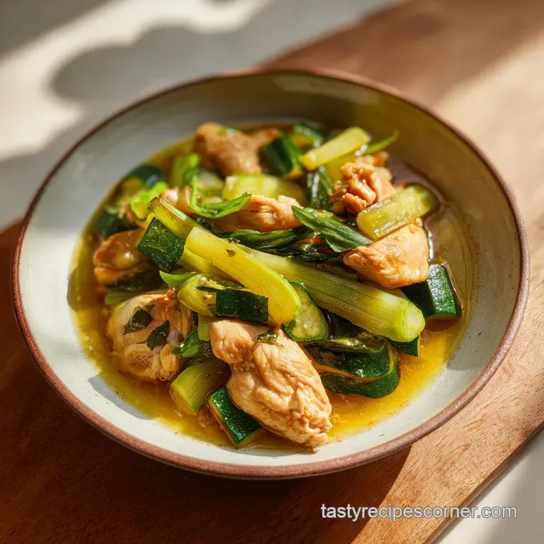 A white ceramic bowl filled with clear savory broth, tender chicken, and a sprig of fresh parsley on a linen napkin.
