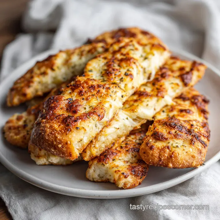 A stack of warm, cheesy garlic breadsticks arranged invitingly on a rustic wooden board.