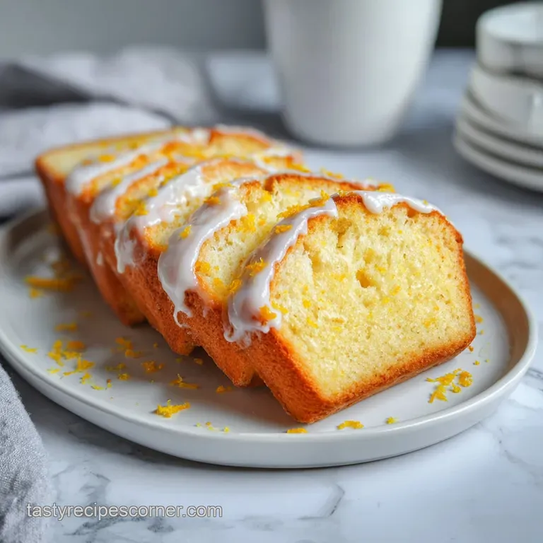 A thick slice of golden lemon cake on a white plate, paired with a fresh lemon wedge and a sprig of mint.