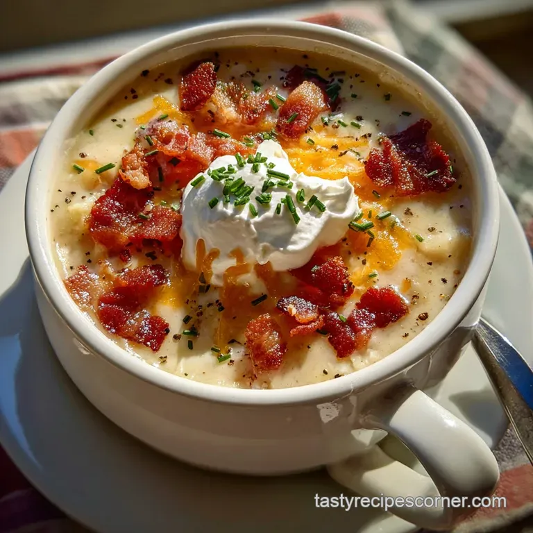 Steaming bowl of pale yellow soup with vibrant green scallions and rich brown bacon crumbles, ready to eat.