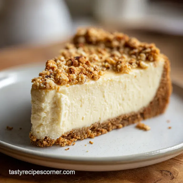 A neat slice of creamy dessert on a white plate, garnished with a single raspberry and a dusting of powdered sugar.