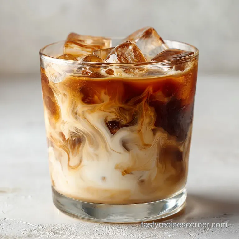 Iced coffee in a clear glass with a straw, resting on a white linen napkin beside a vanilla bean pod.