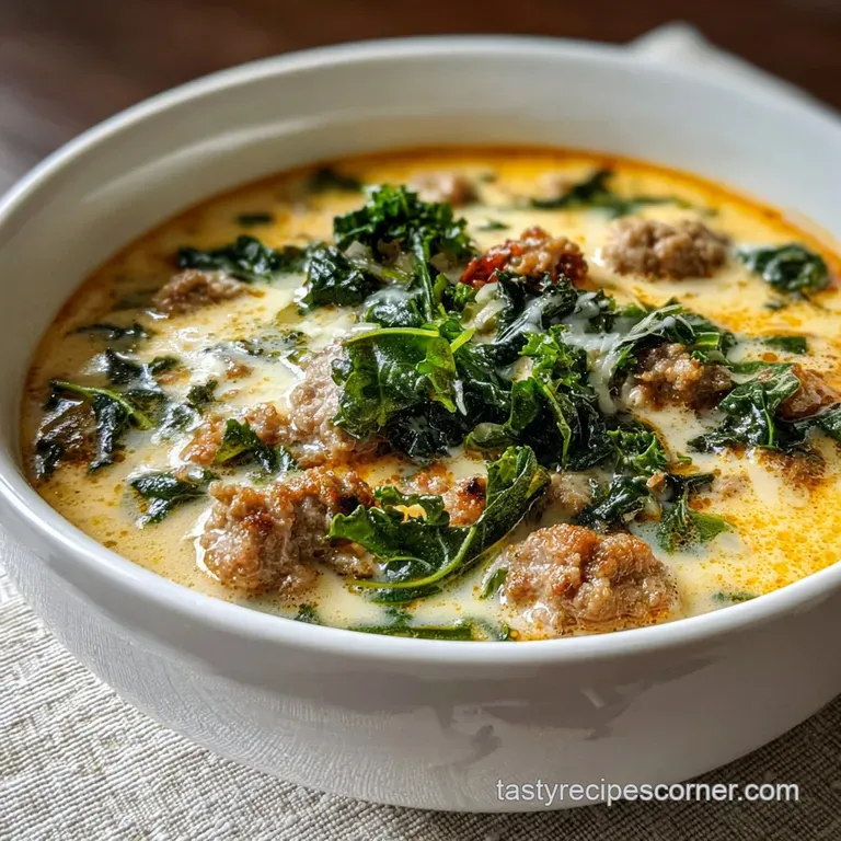 Steaming bowl of creamy soup flecked with dark green kale and savory sausage crumbles, garnished with parsley.