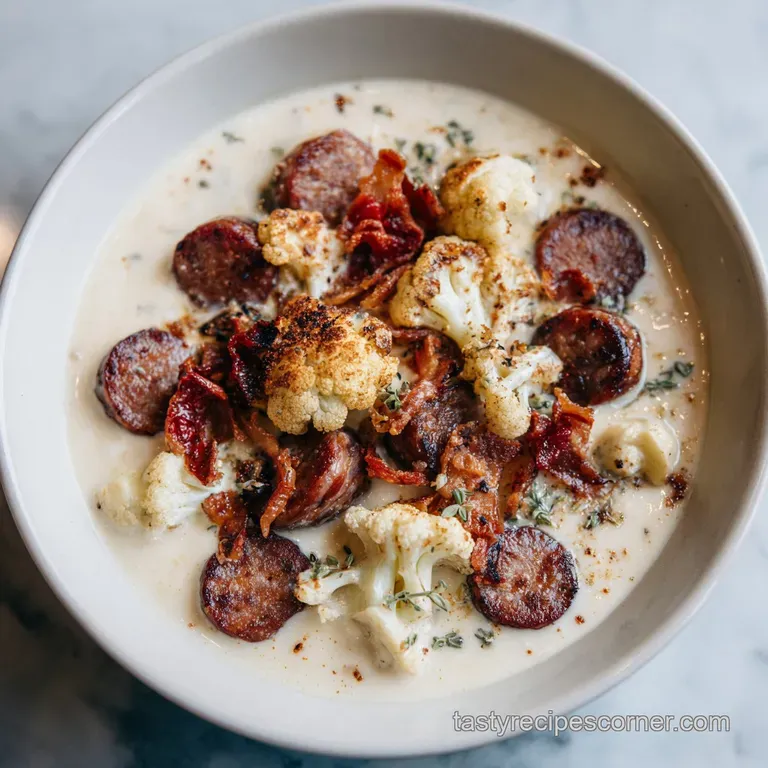Elegant white bowl of creamy soup with vibrant green kale and seared sausage, set on a neutral linen background.