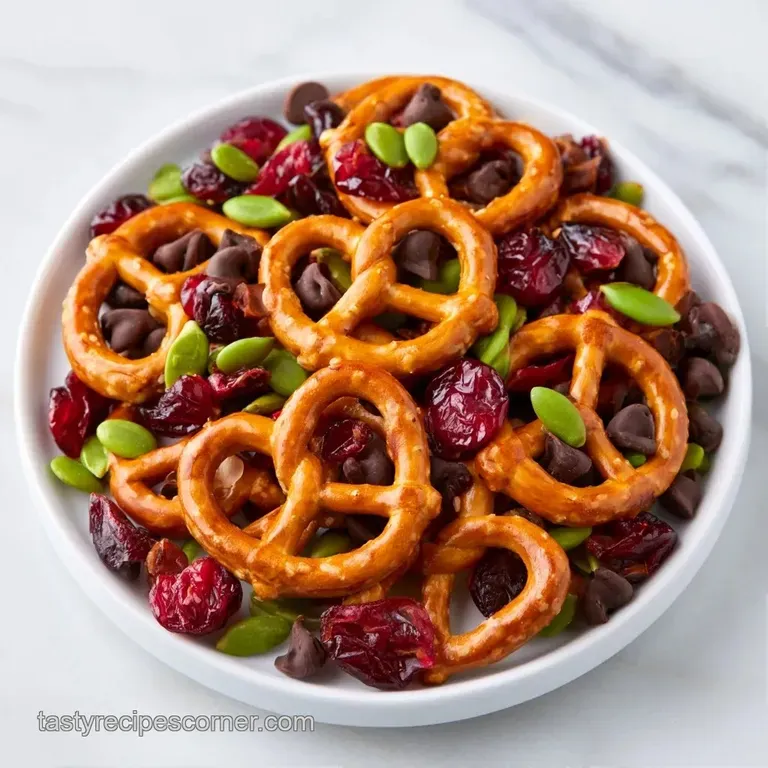 Vibrant mix of crunchy pretzels, colorful candy, and white popcorn overflowing from a rustic wooden bowl.