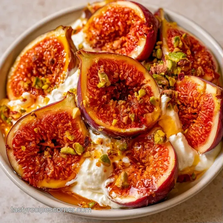 A row of halved deep-purple fruits filled with whipped white cream and a drizzle of amber syrup on a marble slab.