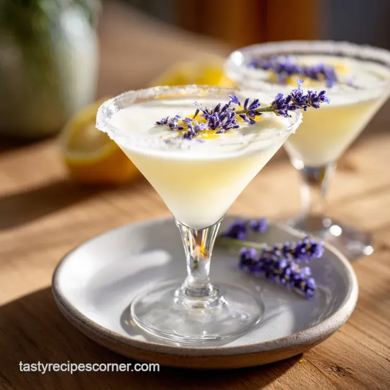 Elegant lemon drop martini in a stemmed glass. Lavender sprig and lemon slice garnish with a glistening sugared rim.