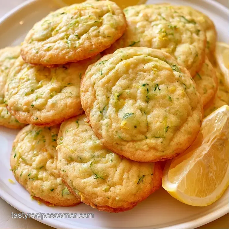 Moist, light green cookies stacked on a white plate, accented by bright yellow lemon slices and fresh mint leaves.