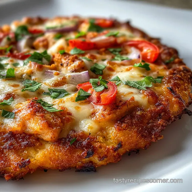 Slice of chicken crust pizza served on a white plate, steam rising. Toppings look fresh; cheese is perfectly melted and br...