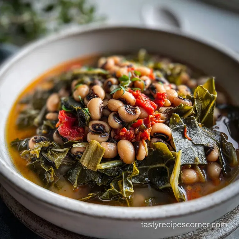 Elegant white bowl filled with glossy, dark legumes, a swirl of olive oil, and a sprinkle of herbs; a comforting New Year'...