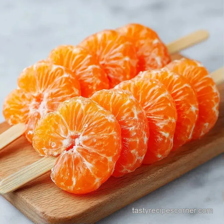 Bright orange and red fruit pieces on wooden sticks, laid out in a fan shape on a rustic wooden serving board.
