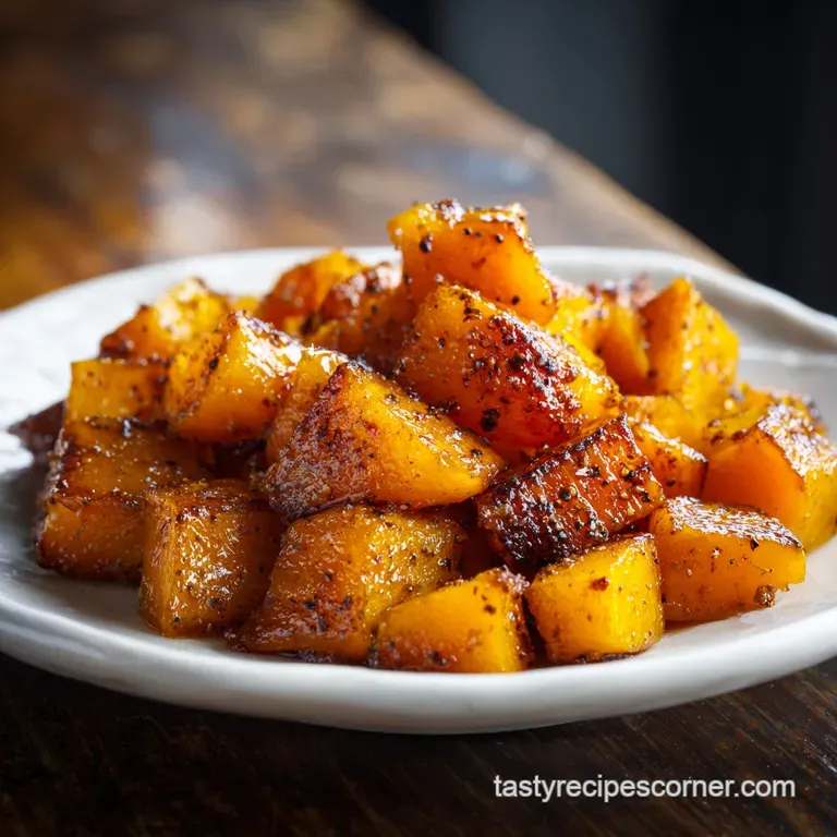 Butternut squash glistening with cinnamon, served on a plate, light steam, hints of herbs, a warm and inviting autumn side.