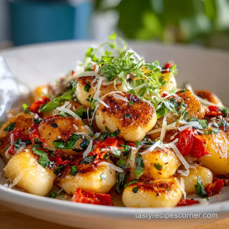 Perfectly plated gnocchi with vibrant tomato sauce, dolloped with creamy ricotta and scattered basil, hinting at a comfort...