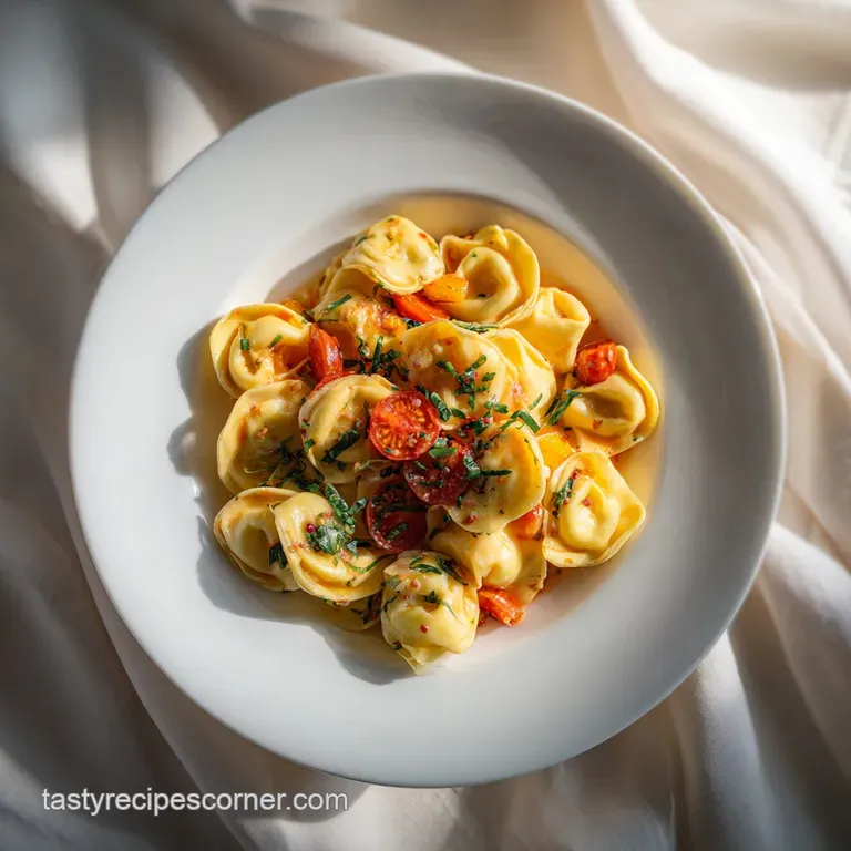 A swirl of tortellini, coated in rich, velvety sauce, garnished with fresh green herbs.