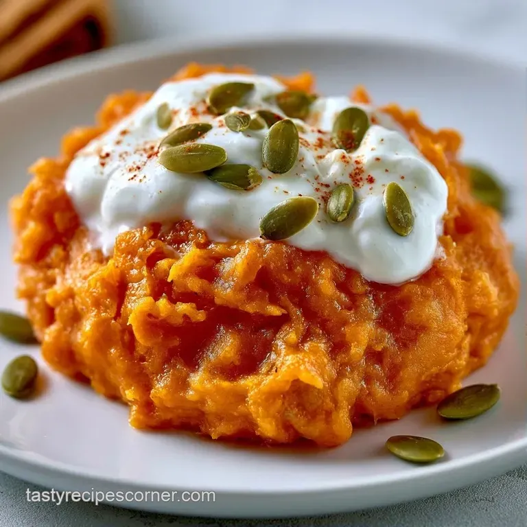 Smooth, vibrant orange puree in a black bowl, garnished with toasted seeds and a glossy drizzle of olive oil.