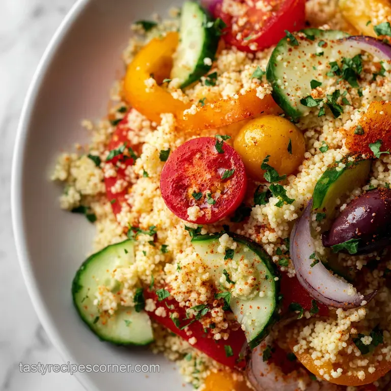 Couscous salad artfully arranged on a white plate. Feta crumbles, olive oil drizzle, and fresh mint add an elegant touch. ...