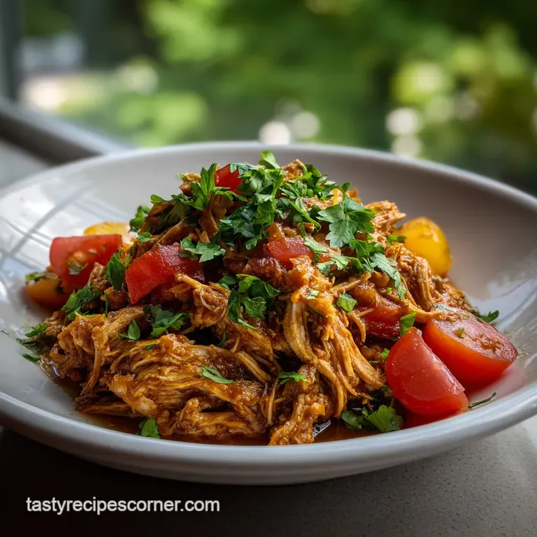 Shredded chicken spilling from a taco shell, adorned with bright salsa and creamy avocado slices on a rustic plate.