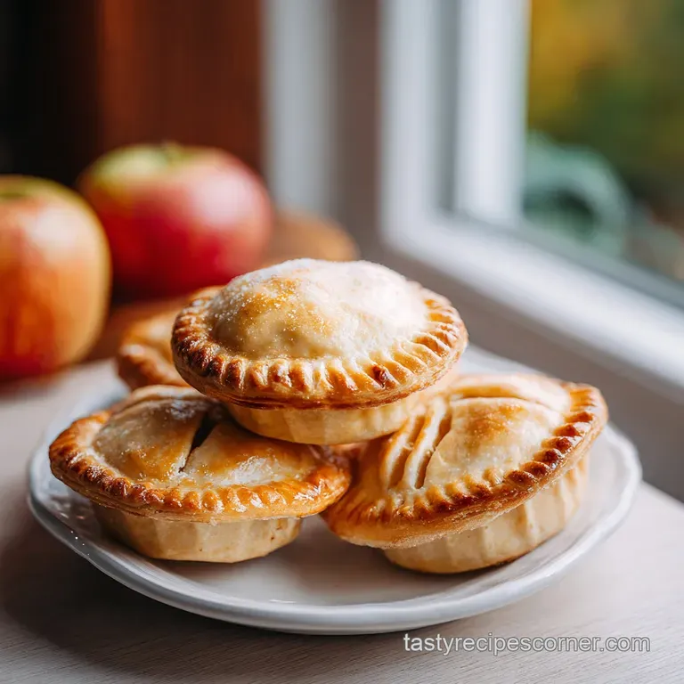 A single mini apple pie, warm and inviting, served on a white plate with a scoop of vanilla ice cream melting slightly.