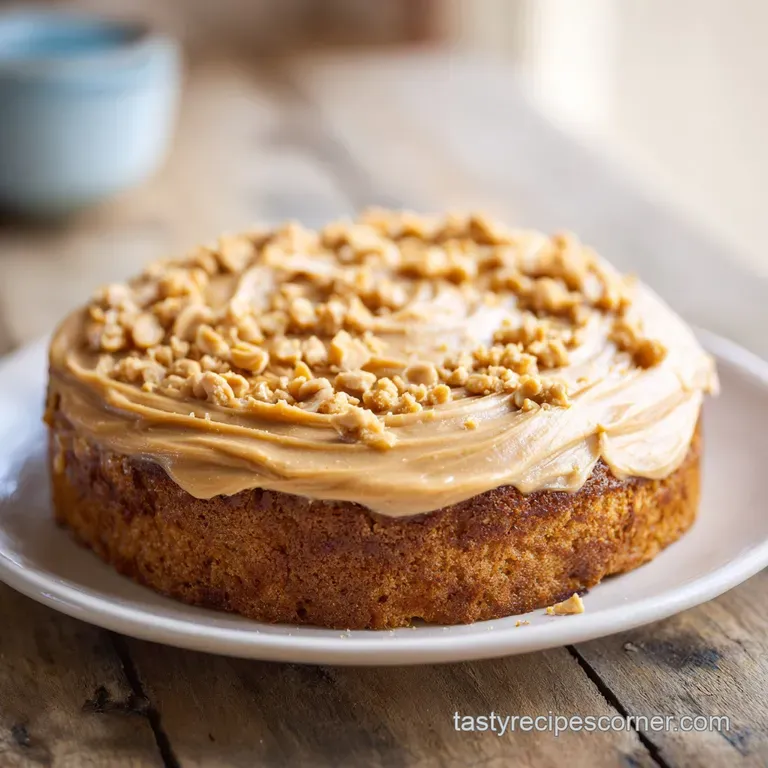 A slice of moist peanut butter cake presented on a white plate. Creamy frosting with chopped nuts, tempting & delicious!