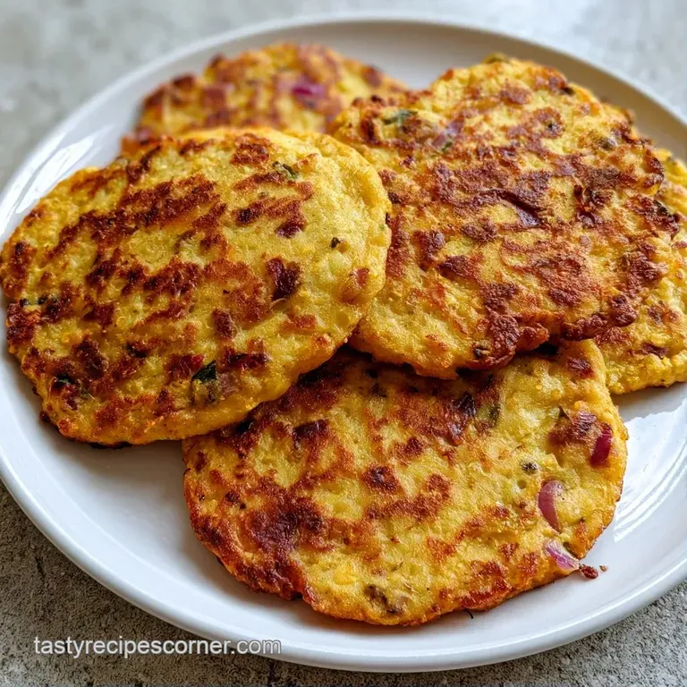 Three folded savory yellow pancakes stacked neatly next to a small bowl of vibrant green mint chutney.