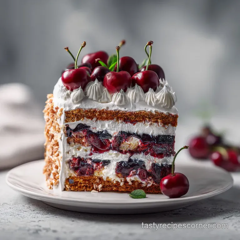 Elegant slice of cherry cake with layers of moist sponge and sweet cherries. Garnished with a sprig of fresh mint.
