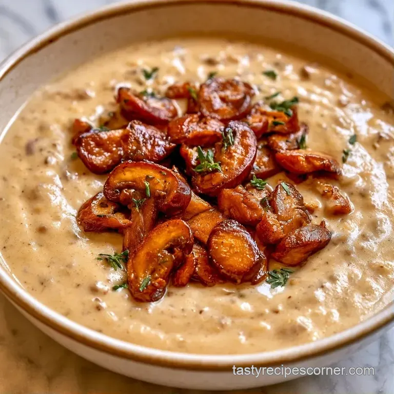 A shallow bowl of smooth beige soup topped with saut&eacute;ed brown mushroom slices and a drizzle of golden oil.
