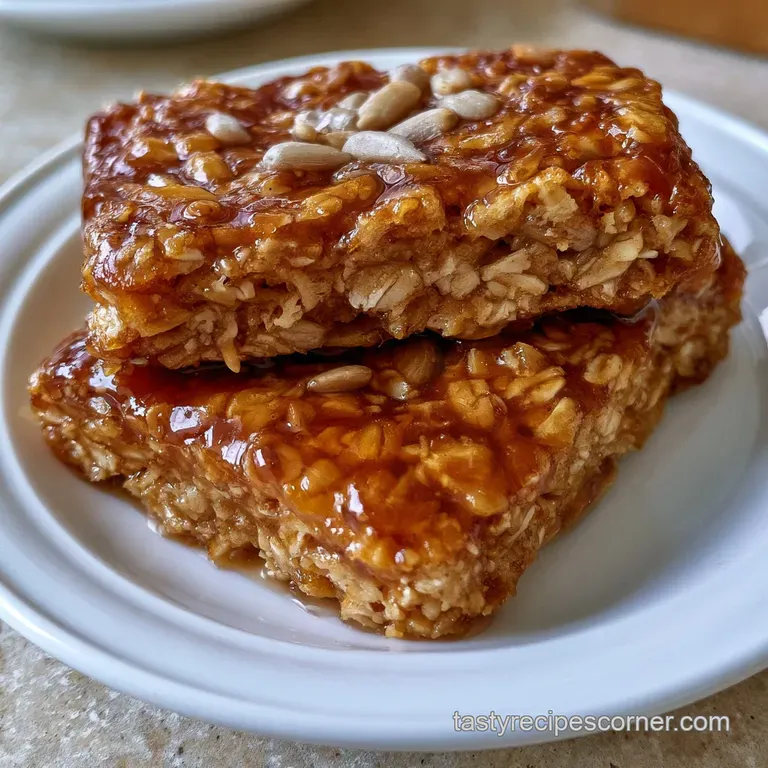 Symmetrical stack of oat bars with creamy white frosting and crimson zigzags arranged on a minimalist white platter.