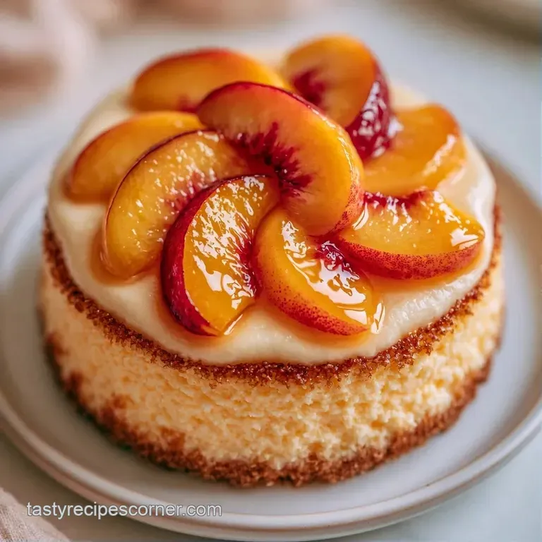 A single slice of pale yellow cream cake on a white porcelain plate, topped with a fresh peach wedge and mint leaf.