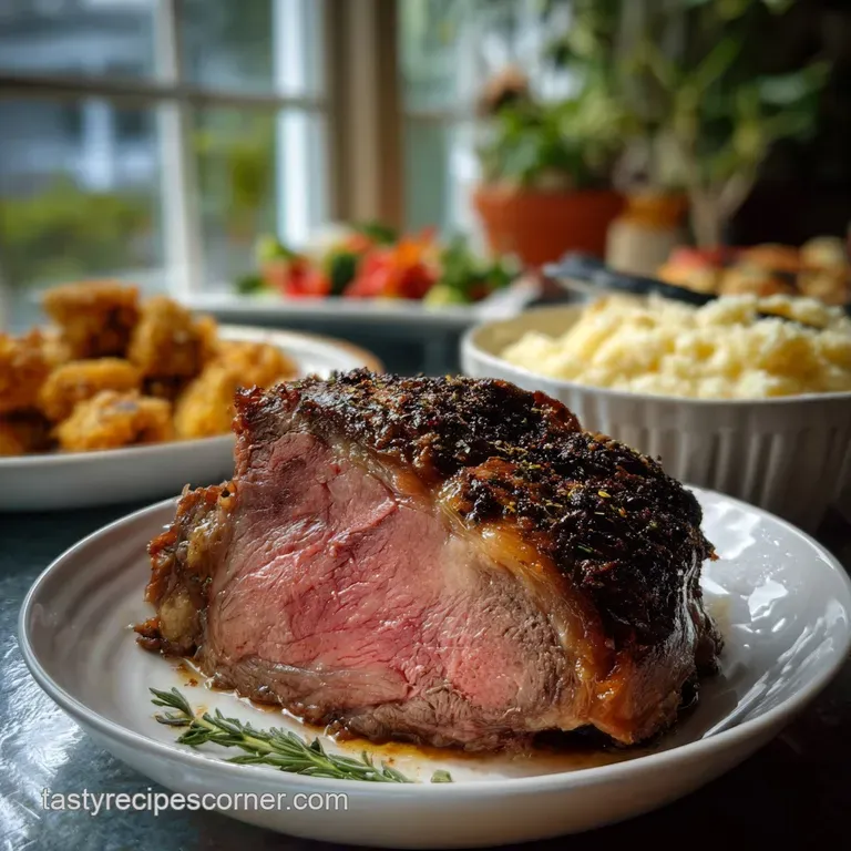 Elegant plate featuring a thick-cut prime rib slice, glistening with pan juices, alongside creamy mashed potatoes and aspa...