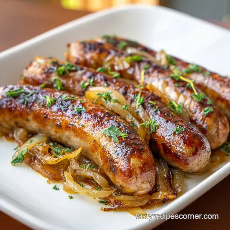 Plated beer-braised brat with golden-brown crust, juicy sauerkraut, and grainy mustard, all artfully arranged on a wooden ...